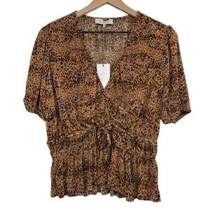 WAYF Top Size Large Leopard Print Blouse Puff Sleeve Peplum Pleated V Neck